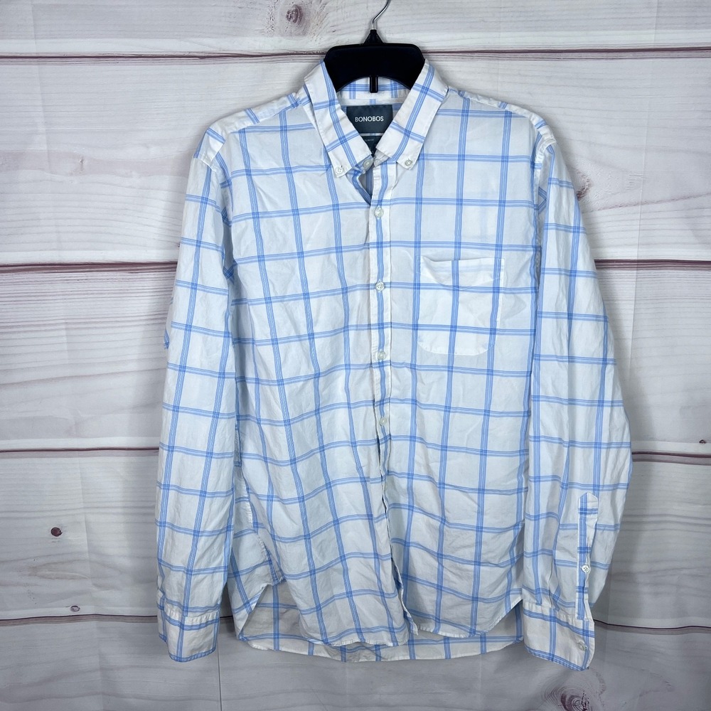Bonobos Shirt Mens L White Blue Check Button Up Slim Fit Pocket Cotton Collared